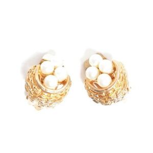Vintage‎ Bird's Nest Gold Plated Pearl Eggs Clip on Earrings